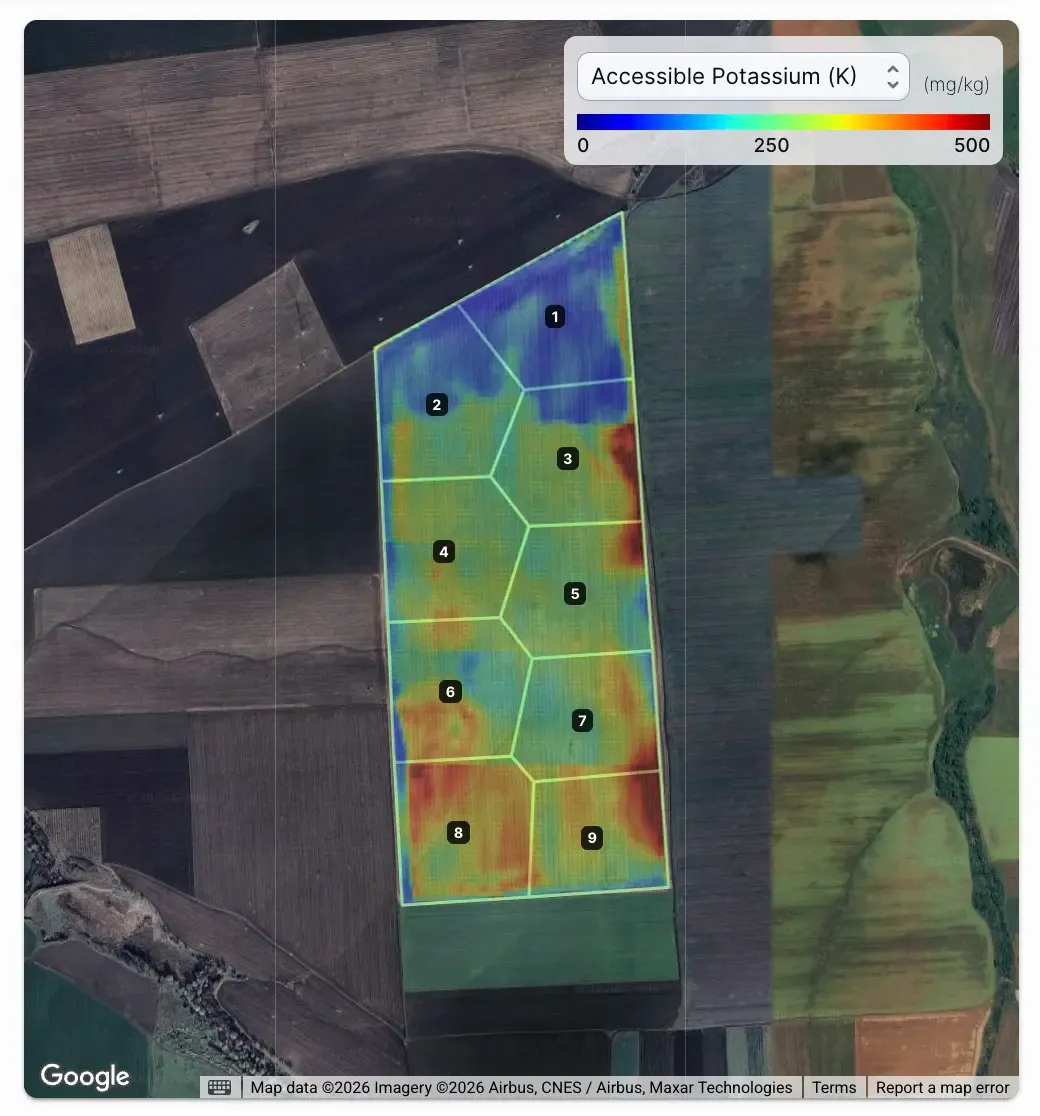Real Siora nutrient heatmap report overlaid on a satellite view of a field, showing accessible potassium levels across nine zones
