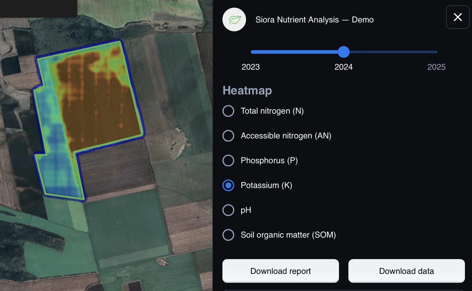 Siora nutrient analysis demo showing a year slider between 2023 and 2025 next to a soil nutrient heatmap