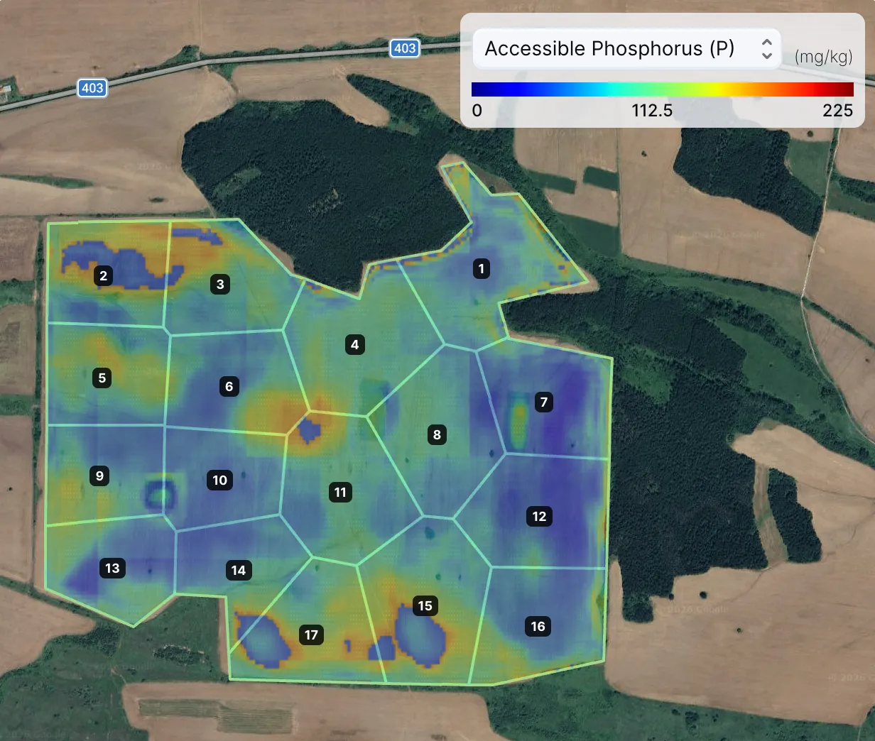 Phosphorus heatmap report showing field-wide nutrient variability derived from satellite imagery